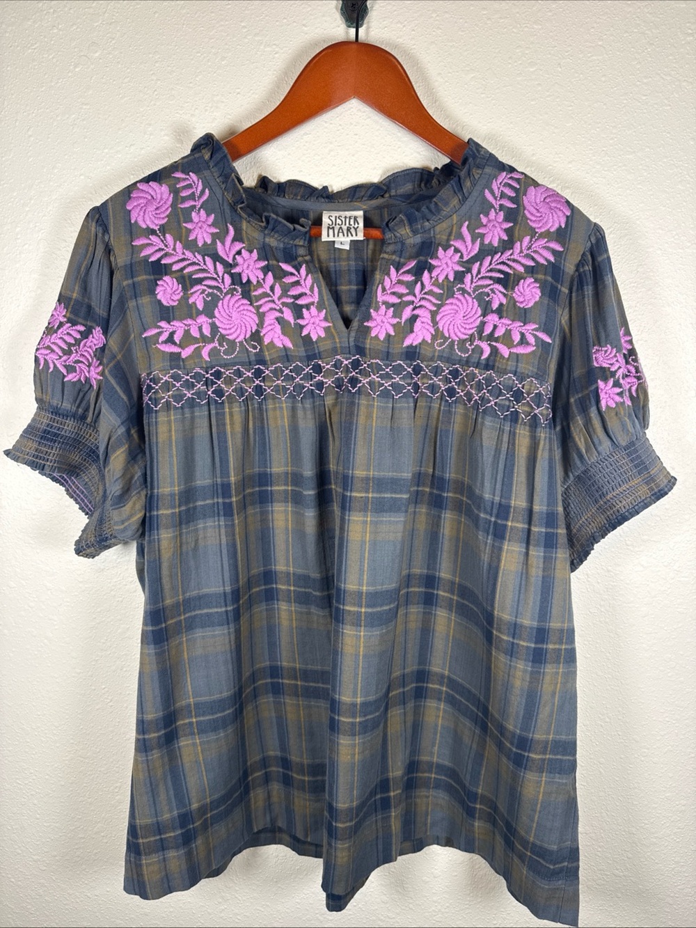Sister Mary Cotton Plaid Purple floral Embroidered Camilla Top L Flowy Boho